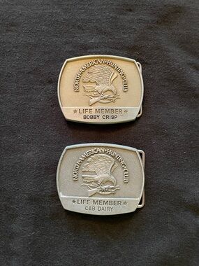 Set of 2 Vintage North American Hunting Club Life Member Belt Buckles - Silver